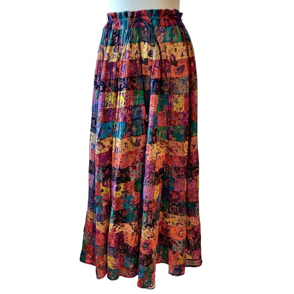 Vintage Boho Womens M/L? Patchwork Tiers Semi Sheer Lightweight Maxi Skirt Flaw - Picture 1 of 11